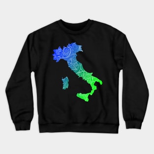 Colorful mandala art map of Italy with text in blue and green Crewneck Sweatshirt